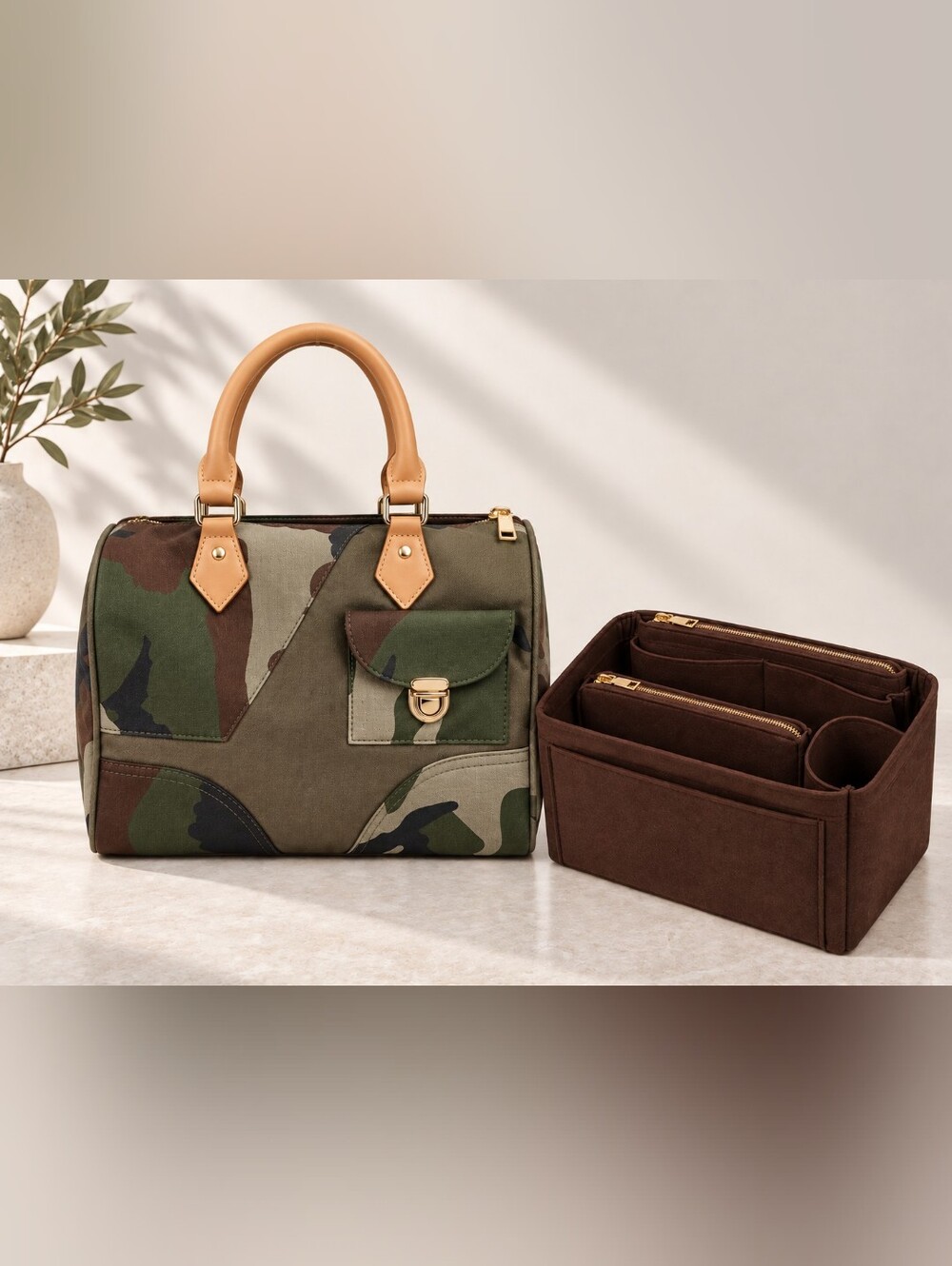 Camo Canvas Satchel Handbag + Removable Organizer Insert NWOT